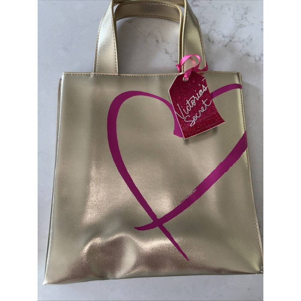 NWT Victoria's Secret Gold Metallic Shimmer Heart Logo Tote‎ Bag Gift Y2K Angels
